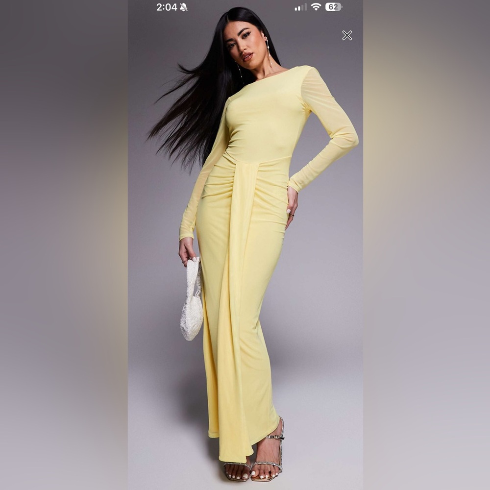 Mesh long sleeve slash neck open back maxi dress with sash in pastel yellow
